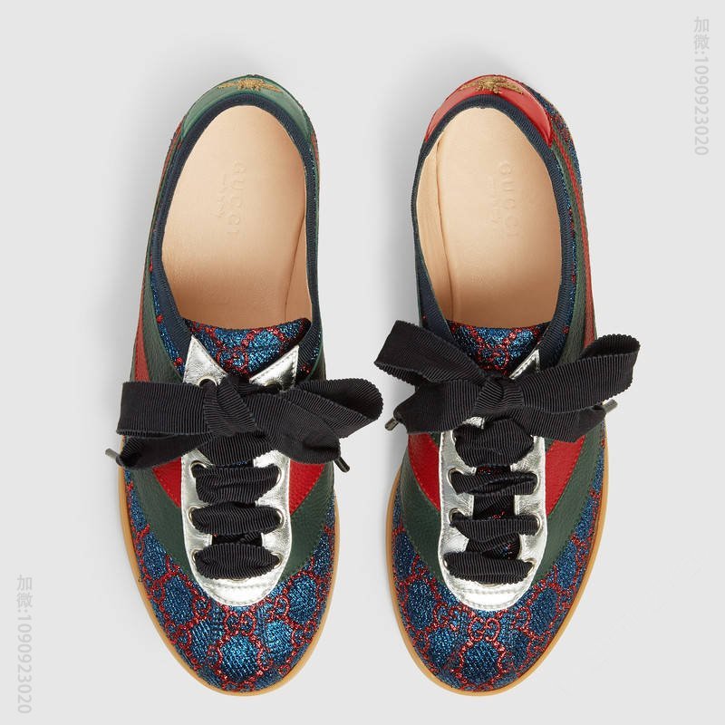 古驰女鞋 GUCCI Falacer织带装饰 银丝双G面料 低帮运动鞋 蓝色 原单古驰女鞋 高仿古驰 493713