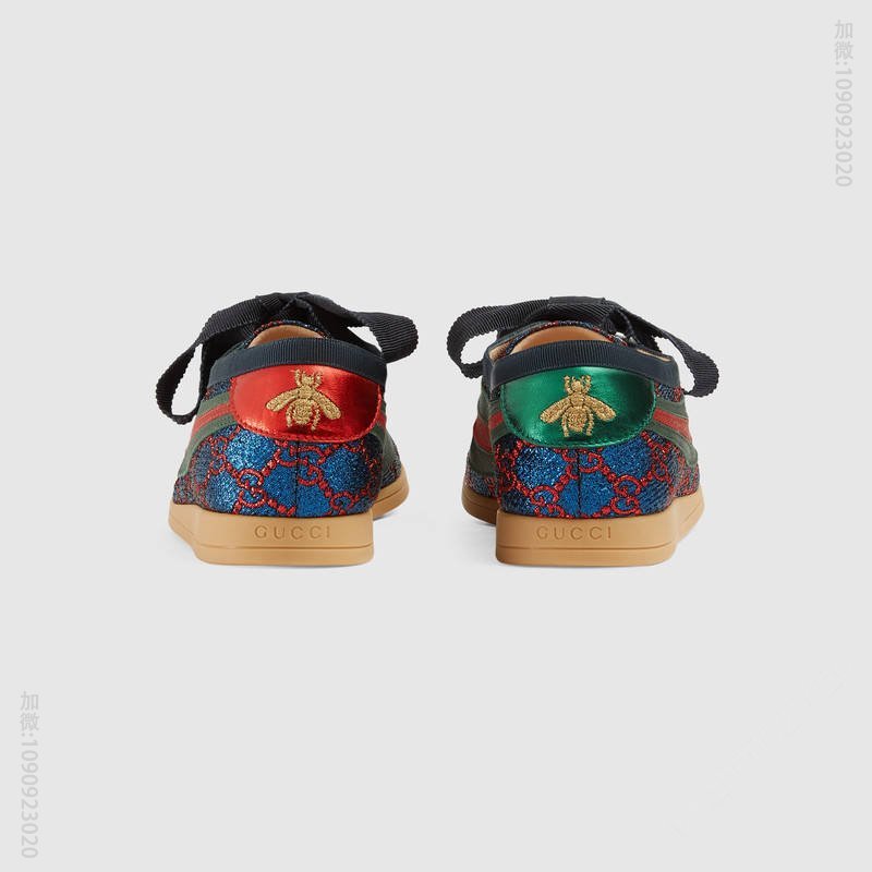 古驰女鞋 GUCCI Falacer织带装饰 银丝双G面料 低帮运动鞋 蓝色 原单古驰女鞋 高仿古驰 493713