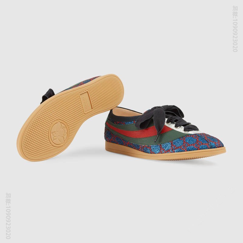 古驰女鞋 GUCCI Falacer织带装饰 银丝双G面料 低帮运动鞋 蓝色 原单古驰女鞋 高仿古驰 493713