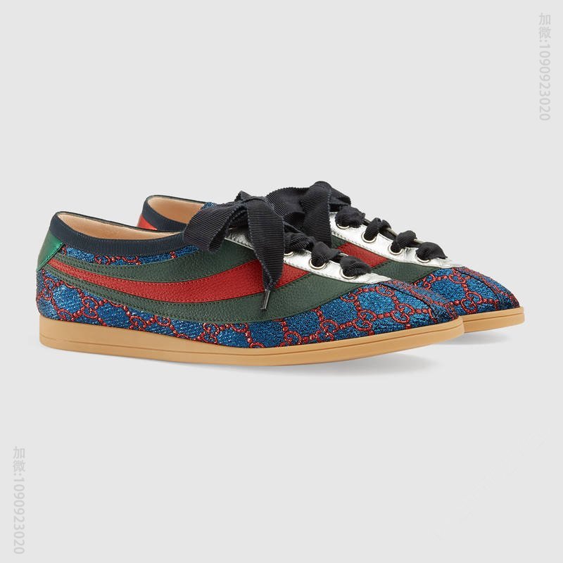 古驰女鞋 GUCCI Falacer织带装饰 银丝双G面料 低帮运动鞋 蓝色 原单古驰女鞋 高仿古驰 493713