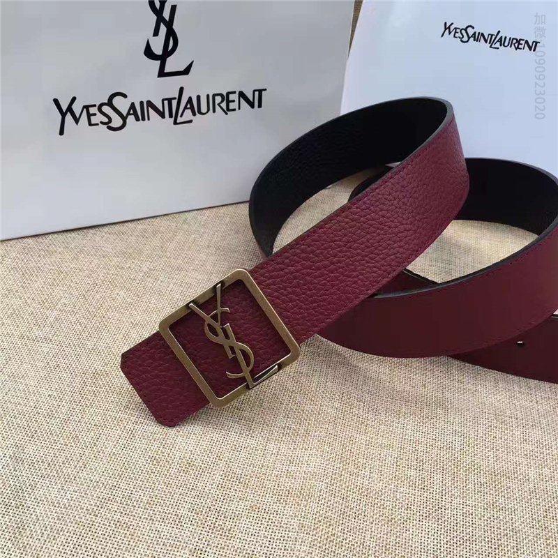 迪圣罗兰皮带 圣罗兰YSL女士腰带 头层牛皮荔枝纹 实心复古铜扣头 双面可用 深红色 原单圣罗兰腰带 