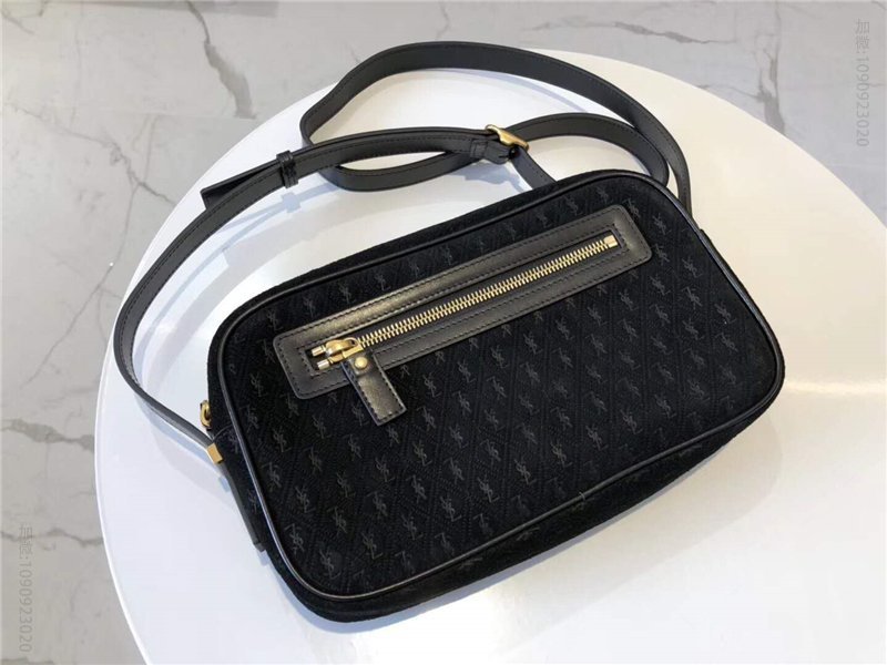 圣罗兰女包 YSL Monogram All Over 麂皮 圣罗兰肩包 YSL相机包 黑色 原单圣罗兰包包 