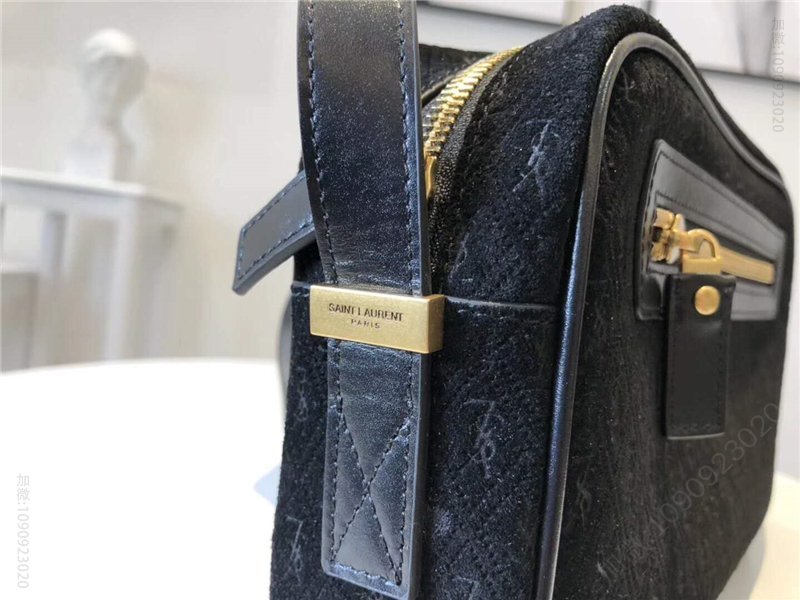 圣罗兰女包 YSL Monogram All Over 麂皮 圣罗兰肩包 YSL相机包 黑色 原单圣罗兰包包 