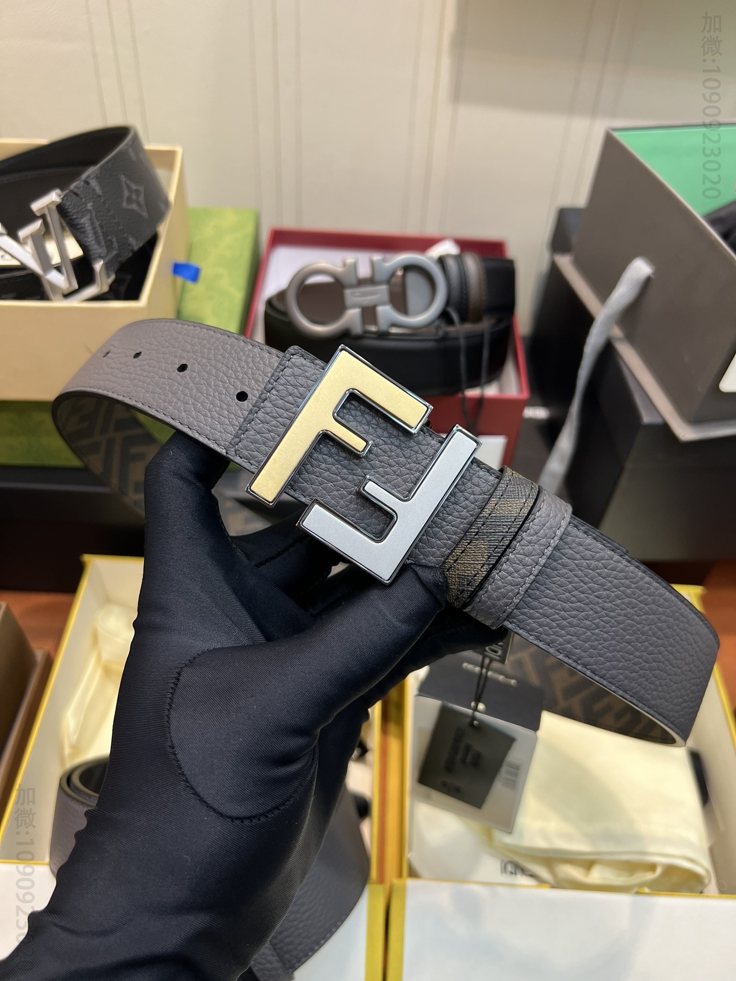 高仿芬迪皮带 FENDI 芬迪面荔枝纹双面腰带 男士原厂皮皮带 
