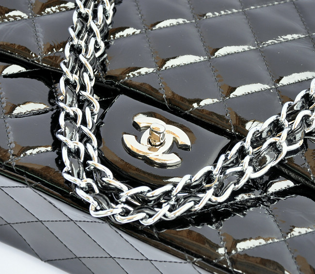 Chanel CF 香奈儿经典2.55 漆皮 黑色银链 加大号